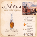 Summer Baltic Amber Pendant in Sterling Silver infographic highlighting authentic Baltic amber, 925 sterling silver, handcrafted craftsmanship, pendant dimensions, and Made in Gdańsk, Poland heritage.