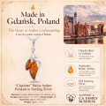 Charlotte Baltic Amber Pendant in Sterling Silver infographic highlighting authentic Baltic amber, 925 sterling silver, handcrafted craftsmanship, pendant dimensions, and Made in Gdańsk, Poland heritage.