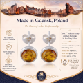 Avery Baltic Honey Amber Earrings in Sterling Silver infographic highlighting authentic honey Baltic amber, 925 sterling silver, handcrafted craftsmanship, earring dimensions, and Made in Gdańsk, Poland heritage.