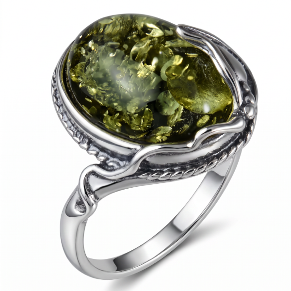 Ada Baltic Green Amber Ring in Sterling Silver featuring genuine green Baltic amber set in polished 925 sterling silver, isolated on a white background.