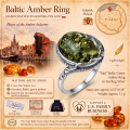 Ada Baltic Green Amber Ring in Sterling Silver infographic highlighting authentic green Baltic amber, 925 sterling silver, handcrafted craftsmanship, ring dimensions, and Made in Gdańsk, Poland heritage.