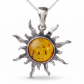 Flaming Sun Baltic Amber Pendant in Sterling Silver featuring genuine Baltic amber set in a polished 925 sterling silver sun-inspired design, isolated on a white background.