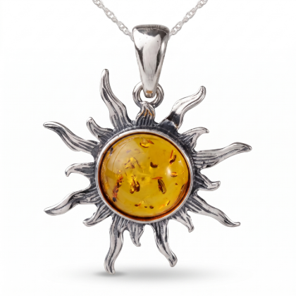 Flaming Sun Baltic Amber Pendant in Sterling Silver featuring genuine Baltic amber set in a polished 925 sterling silver sun-inspired design, isolated on a white background.