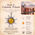 Flaming Sun Baltic Amber Pendant in Sterling Silver infographic highlighting authentic Baltic amber, 925 sterling silver, flaming sun design, handcrafted craftsmanship, pendant dimensions, and Made in Gdańsk, Poland heritage.