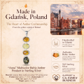 Anna Multicolor Baltic Amber Pendant in Sterling Silver infographic highlighting authentic multicolor Baltic amber, 925 sterling silver, handcrafted craftsmanship, pendant dimensions, and Made in Gdańsk, Poland heritage.