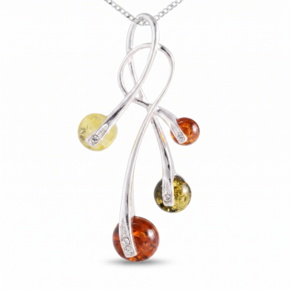 Multicolor Baltic Amber Pendant in Sterling Silver featuring genuine multicolor Baltic amber gemstones set in polished 925 sterling silver, isolated on a white background.