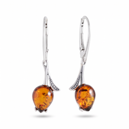 Tulips Baltic Honey Amber Earrings in Sterling Silver featuring genuine honey Baltic amber gemstones set in polished 925 sterling silver, isolated on a white background.