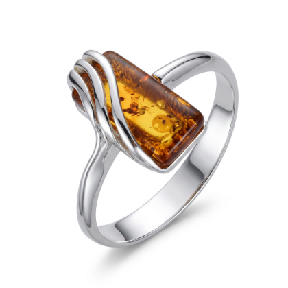 Ninelle Baltic Honey Amber Ring in Sterling Silver featuring genuine honey Baltic amber set in polished 925 sterling silver, isolated on a white background.