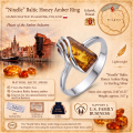 Ninelle Baltic Honey Amber Ring in Sterling Silver infographic highlighting authentic honey Baltic amber, 925 sterling silver, handcrafted craftsmanship, ring dimensions, and Made in Gdańsk, Poland heritage.