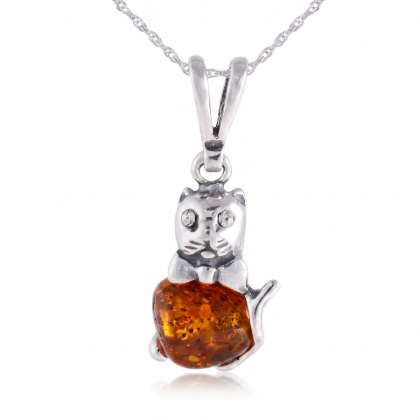 Cat Baltic Honey Amber Pendant in Sterling Silver featuring genuine honey Baltic amber set in a polished 925 sterling silver cat-inspired design, isolated on a white background.