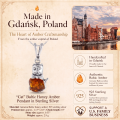 Cat Baltic Honey Amber Pendant in Sterling Silver infographic highlighting authentic honey Baltic amber, 925 sterling silver, cat-inspired design, handcrafted craftsmanship, pendant dimensions, and Made in Gdańsk, Poland heritage.