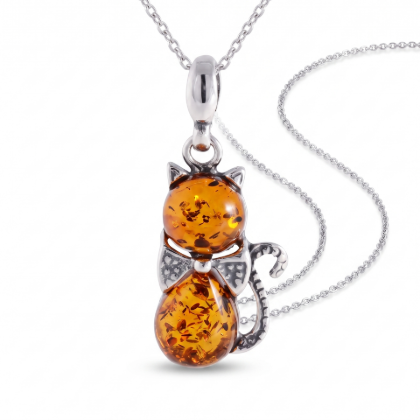 Baltic Honey Amber Cat Pendant Necklace in Sterling Silver featuring genuine honey Baltic amber set in a polished 925 sterling silver cat-inspired design, isolated on a white background.