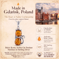 Baltic Honey Amber Cat Pendant Necklace in Sterling Silver infographic highlighting authentic honey Baltic amber, 925 sterling silver, cat-inspired design, handcrafted craftsmanship, pendant dimensions, and Made in Gdańsk, Poland heritage.