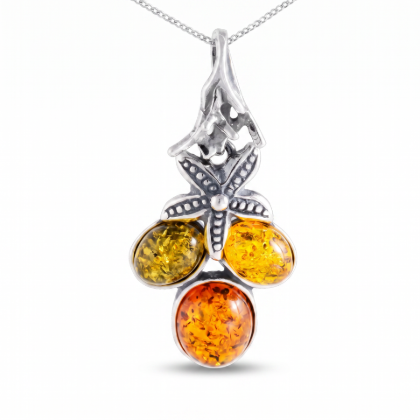 Coral Reef Multicolor Baltic Amber Pendant in Sterling Silver featuring genuine multicolor Baltic amber gemstones set in polished 925 sterling silver, isolated on a white background.