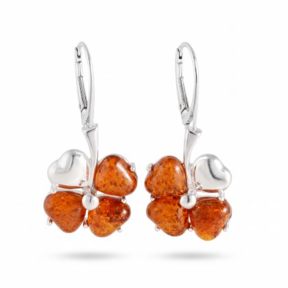 Clover Baltic Honey Amber Earrings in Sterling Silver featuring genuine honey Baltic amber gemstones set in polished 925 sterling silver, isolated on a white background.