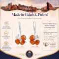 Clover Baltic Honey Amber Earrings in Sterling Silver infographic highlighting authentic honey Baltic amber, 925 sterling silver, handcrafted craftsmanship, earring dimensions, and Made in Gdańsk, Poland heritage.