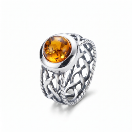 Celtic Baltic Honey Amber Ring in Sterling Silver featuring genuine honey Baltic amber set in a polished 925 sterling silver Celtic-inspired design, isolated on a white background.