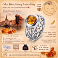 Celtic Baltic Honey Amber Ring in Sterling Silver infographic highlighting authentic honey Baltic amber, 925 sterling silver, Celtic-inspired design, handcrafted craftsmanship, ring dimensions, and Made in Gdańsk, Poland heritage.