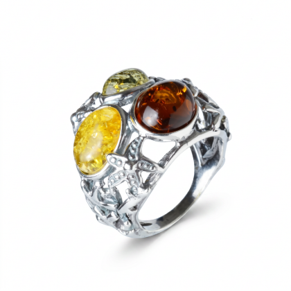 Coral Reef Multicolor Baltic Amber Ring in Sterling Silver featuring genuine multicolor Baltic amber gemstones set in polished 925 sterling silver, isolated on a white background.
