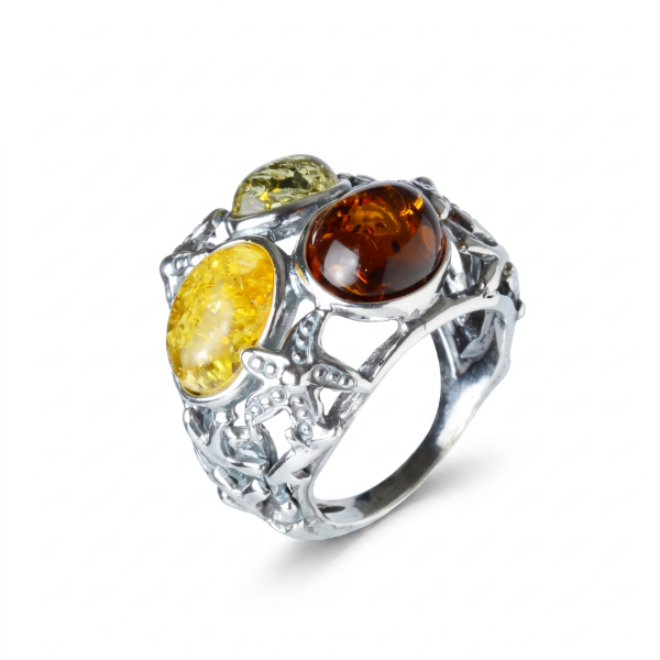 Coral Reef Multicolor Baltic Amber Ring in Sterling Silver featuring genuine multicolor Baltic amber gemstones set in polished 925 sterling silver, isolated on a white background.