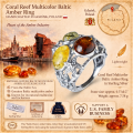 Coral Reef Multicolor Baltic Amber Ring in Sterling Silver infographic highlighting authentic multicolor Baltic amber, 925 sterling silver, coral reef-inspired design, handcrafted craftsmanship, ring dimensions, and Made in Gdańsk, Poland heritage.
