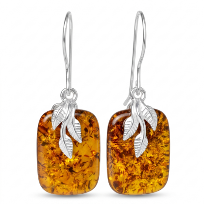Baltic Honey Amber Fern Drop Earrings in Sterling Silver featuring genuine honey Baltic amber gemstones in an elegant fern-inspired drop design, set in polished 925 sterling silver, isolated on a white background.