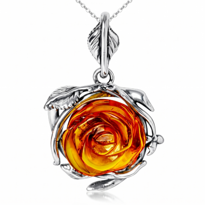 GIA Certified Baltic Honey Amber Rose Flower Pendant Necklace in Sterling Silver featuring genuine honey Baltic amber in an elegant rose flower-inspired design, set in polished 925 sterling silver, isolated on a white background.