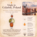"April" Multicolor Baltic Amber Leaf Pendant Necklace in Sterling Silver infographic highlighting authentic honey Baltic amber