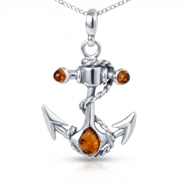 Anchor Baltic Amber Pendant in Sterling Silver featuring genuine Baltic amber set in a polished 925 sterling silver anchor-inspired design, isolated on a white background.
