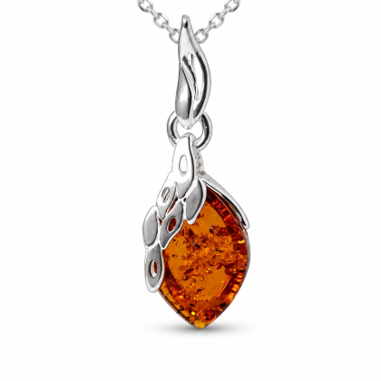Maryann Baltic Honey Amber Pendant in Sterling Silver featuring genuine honey Baltic amber set in polished 925 sterling silver, isolated on a white background.