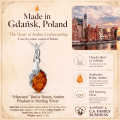 Maryann Baltic Honey Amber Pendant in Sterling Silver infographic highlighting authentic honey Baltic amber, 925 sterling silver, handcrafted craftsmanship, pendant dimensions, and Made in Gdańsk, Poland heritage.