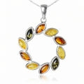 Carrie Multicolor Baltic Amber Pendant in Sterling Silver featuring genuine multicolor Baltic amber gemstones set in polished 925 sterling silver, isolated on a white background.