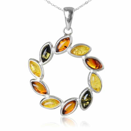 Carrie Multicolor Baltic Amber Pendant in Sterling Silver featuring genuine multicolor Baltic amber gemstones set in polished 925 sterling silver, isolated on a white background.