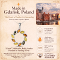 Carrie Multicolor Baltic Amber Pendant in Sterling Silver infographic highlighting authentic multicolor Baltic amber, 925 sterling silver, handcrafted craftsmanship, pendant dimensions, and Made in Gdańsk, Poland heritage.