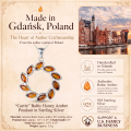 Carrie Baltic Honey Amber Pendant in Sterling Silver infographic highlighting authentic honey Baltic amber, 925 sterling silver, handcrafted craftsmanship, pendant dimensions, and Made in Gdańsk, Poland heritage.