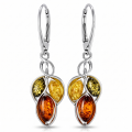 GIA certified sterling silver Baltic multicolor amber drop earrings “April” featuring green, honey and cognac amber stones in elegant dangle design