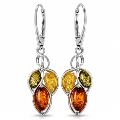 GIA certified sterling silver Baltic multicolor amber drop earrings “April” featuring green, honey and cognac amber stones in elegant dangle design
