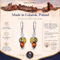 Baltic amber drop earrings in 925 sterling silver with size dimensions, made in Poland, lab certified amber stones, lightweight 5.5 g jewelry infographic