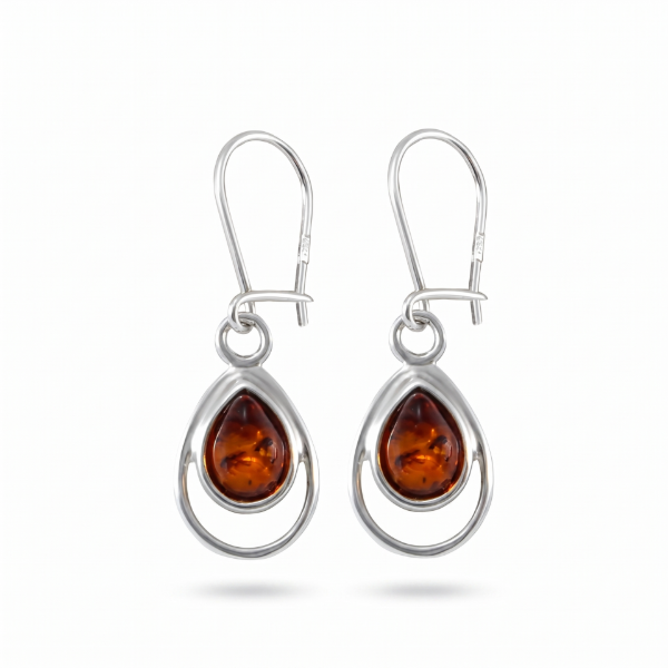 Baltic Honey Amber Drop Earrings in Sterling Silver featuring genuine honey Baltic amber gemstones in an elegant drop design, set in polished 925 sterling silver, isolated on a white background.