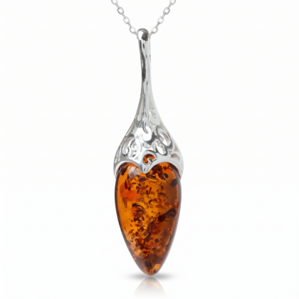 Serena Baltic Honey Amber Pendant in Sterling Silver featuring genuine honey Baltic amber set in polished 925 sterling silver, isolated on a white background.