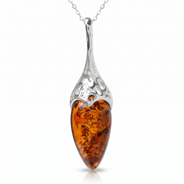 Serena Baltic Honey Amber Pendant in Sterling Silver featuring genuine honey Baltic amber set in polished 925 sterling silver, isolated on a white background.