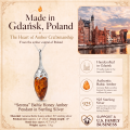 Serena Baltic Honey Amber Pendant in Sterling Silver infographic highlighting authentic honey Baltic amber, 925 sterling silver, handcrafted craftsmanship, pendant dimensions, and Made in Gdańsk, Poland heritage.