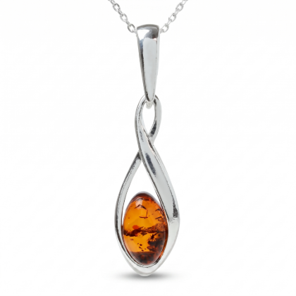 Elegance Baltic Honey Amber Pendant in Sterling Silver featuring genuine honey Baltic amber set in polished 925 sterling silver, isolated on a white background.