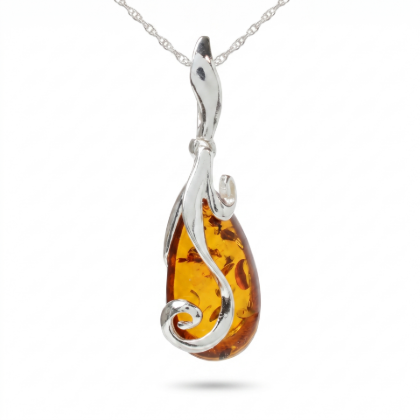 Eliana Baltic Honey Amber Pendant in Sterling Silver featuring genuine honey Baltic amber set in polished 925 sterling silver, isolated on a white background.