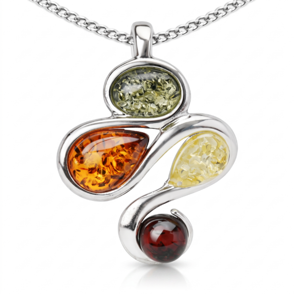 Baltic Honey Amber Pendant Necklace in Sterling Silver featuring genuine honey Baltic amber set in polished 925 sterling silver, isolated on a white background.
