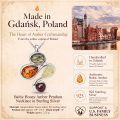 Baltic Honey Amber Pendant Necklace in Sterling Silver infographic highlighting authentic honey Baltic amber, 925 sterling silver, handcrafted craftsmanship, pendant dimensions, and Made in Gdańsk, Poland heritage.