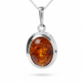 Aine Baltic Honey Amber Oval Pendant in Sterling Silver featuring genuine oval-shaped honey Baltic amber set in polished 925 sterling silver, isolated on a white background.