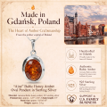 Aine Baltic Honey Amber Oval Pendant in Sterling Silver infographic highlighting authentic honey Baltic amber, 925 sterling silver, handcrafted craftsmanship, pendant dimensions, and Made in Gdańsk, Poland heritage.
