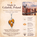 Marisol Baltic Honey Amber Pendant in Sterling Silver infographic highlighting authentic honey Baltic amber, 925 sterling silver, handcrafted craftsmanship, pendant dimensions, and Made in Gdańsk, Poland heritage.