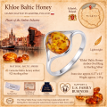 Khloe Baltic Honey Amber Oval Ring in Sterling Silver infographic highlighting authentic honey Baltic amber, 925 sterling silver, handcrafted craftsmanship, ring dimensions, and Made in Gdańsk, Poland heritage.